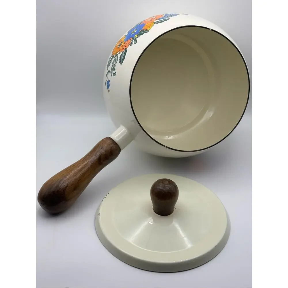 Vintage Kamenstein Floral Enamel Cast Iron Fondue Pot with Wood Handle
